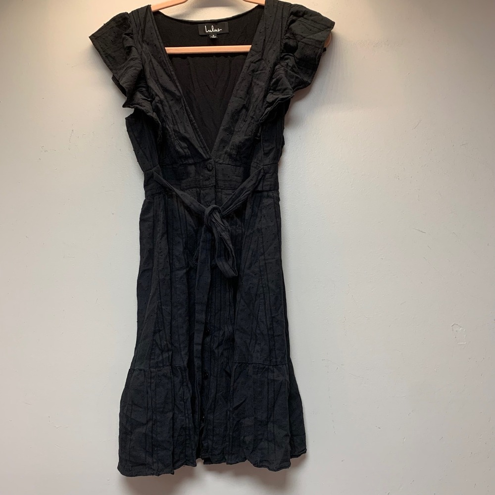 Lulus Mini Dress Womens Small Black Excellent Swiss Dot Flutter Sleeve Tiered